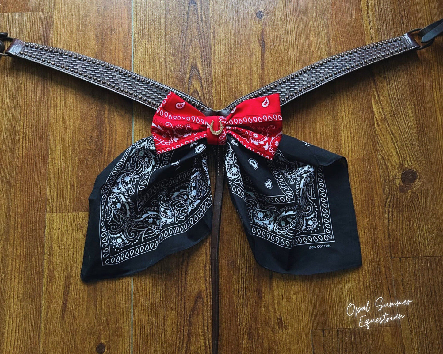 Cute Bow for horse shows, Equine Bow with gold horse shoes Concho, Equine valentines day bow-Red/Black