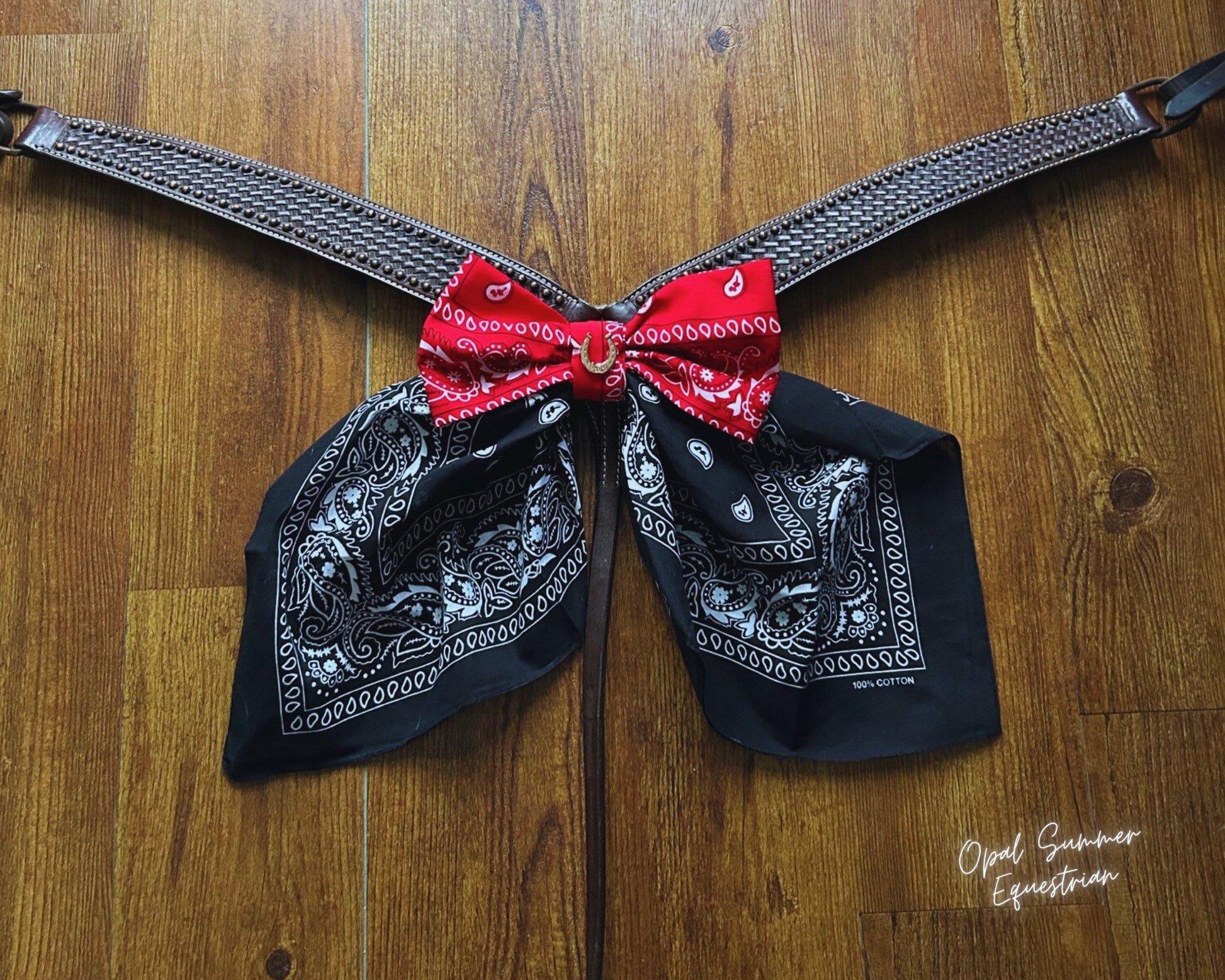 Cute Bow for horse shows, Equine Bow with gold horse shoes Concho, Equine valentines day bow-Red/Black